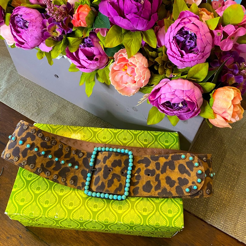 Leopard Print Belt with Turquoise Stud Detailing